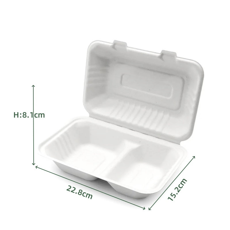 2-Compartment Clamshell – 1000 ml | Zuckerrohr | Großhandelverkauf | 250 Stuck/Karton